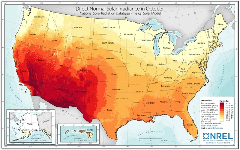 NREL solar irradiance map of the United States showing annual peak sun hours by region